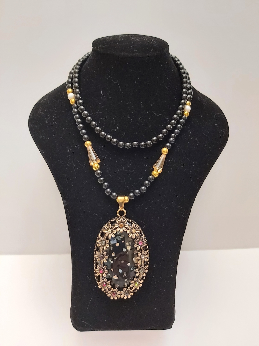 Gold-Tone Floral Black Bead Pendant Necklace